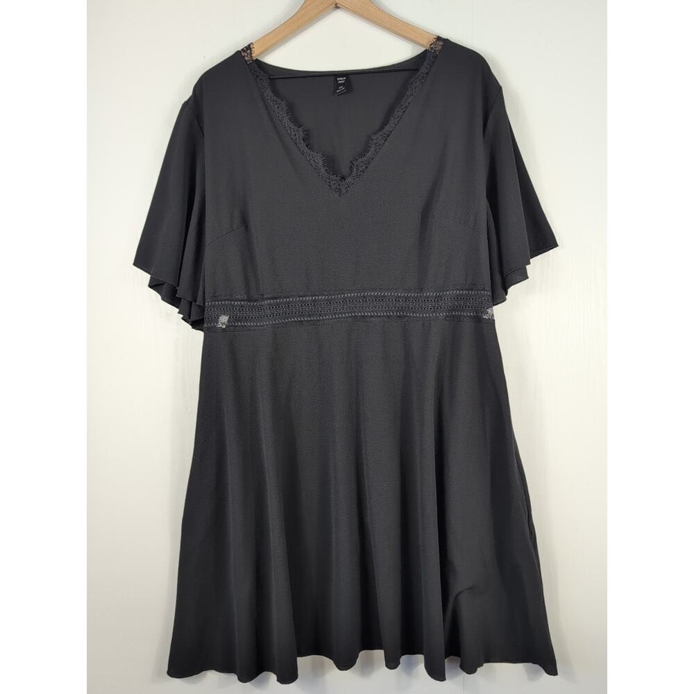Shein Curve 3XL Black Fit & Flare Dress Flutter Sleeve V-Neck Lace Plus Size 3XL